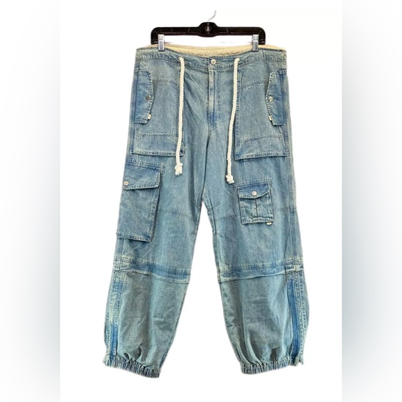 FREE PEOPLEπ Sz L Jeans South Bay Utility Cargo Blue Tie Cinch Waist, NWOT - Picture 3 of 8